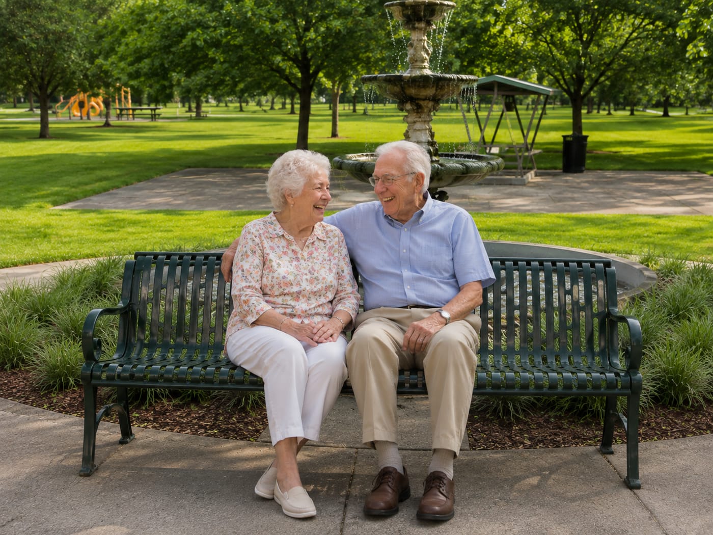 Two residents sitting together on a bench beside the fountain garden, talking and laughing on a sunny afternoon.