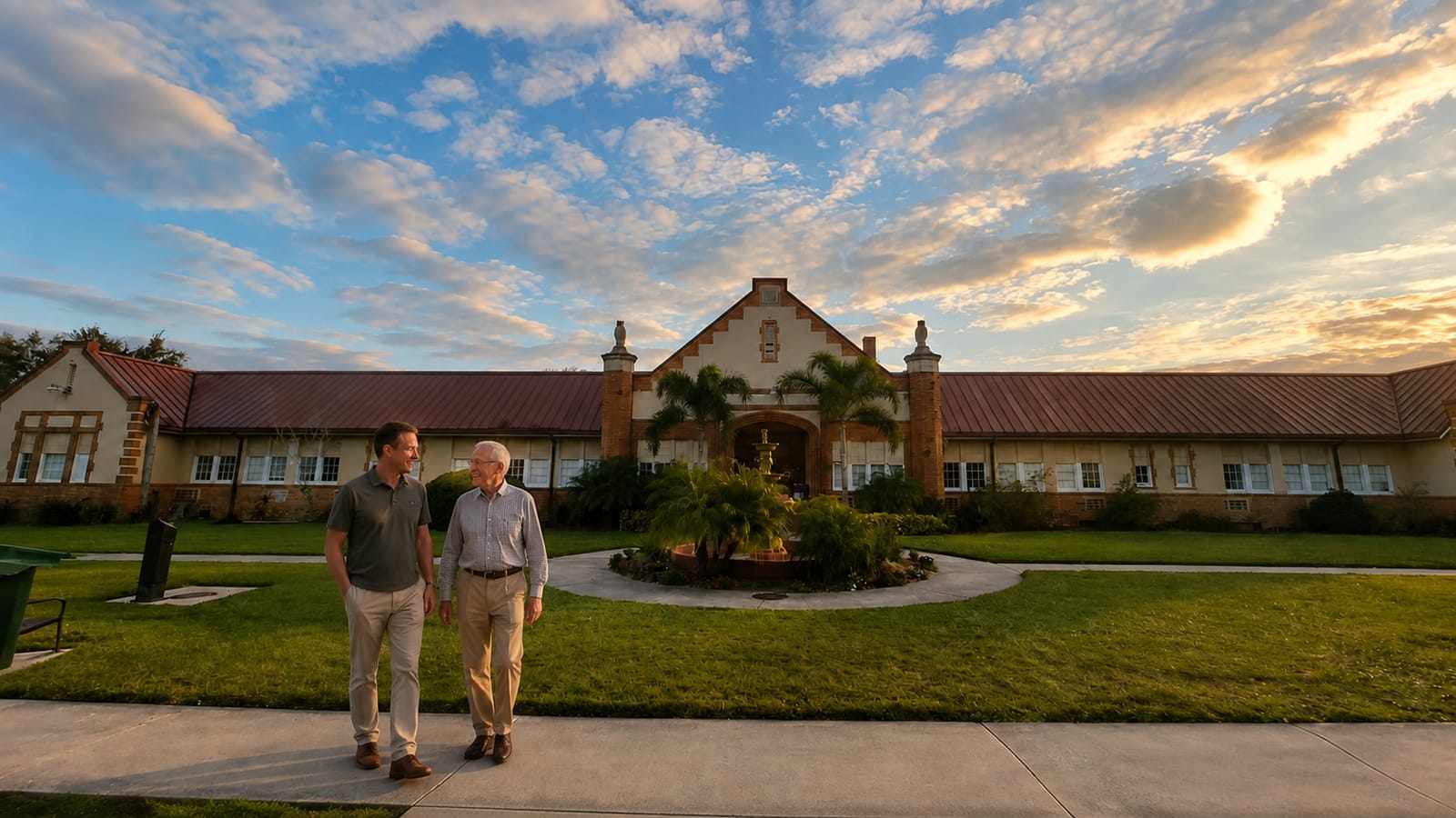 The restored 1920s schoolhouse that houses Gracious Place, seen from the front lawn at sunset, with its central gabled entrance and fountain garden.